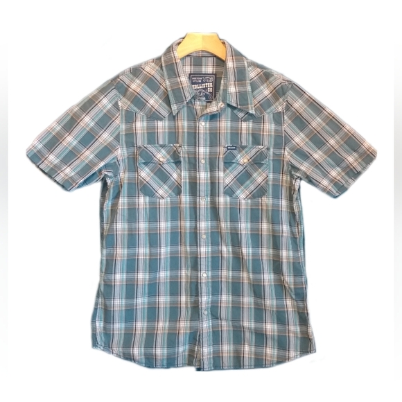 🔴 SALE VTG Hollister Blue/Green Plaid Short Sleeve Western Pearl Snap Button Up - Picture 1 of 6
